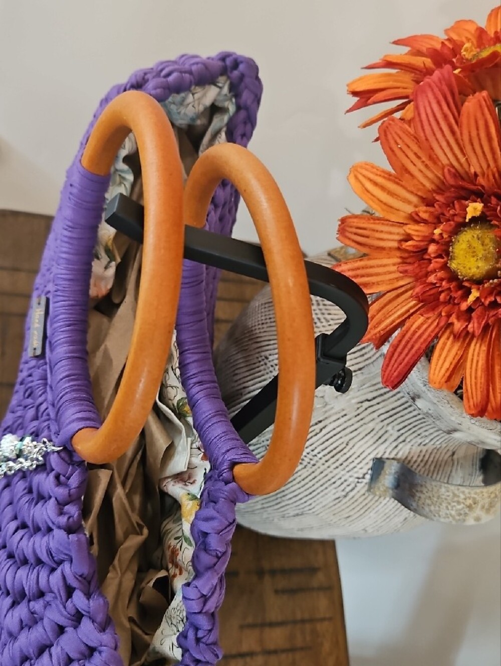 Hand Crochet Purple Tote with Wooden Handles - Picture 2 of 4